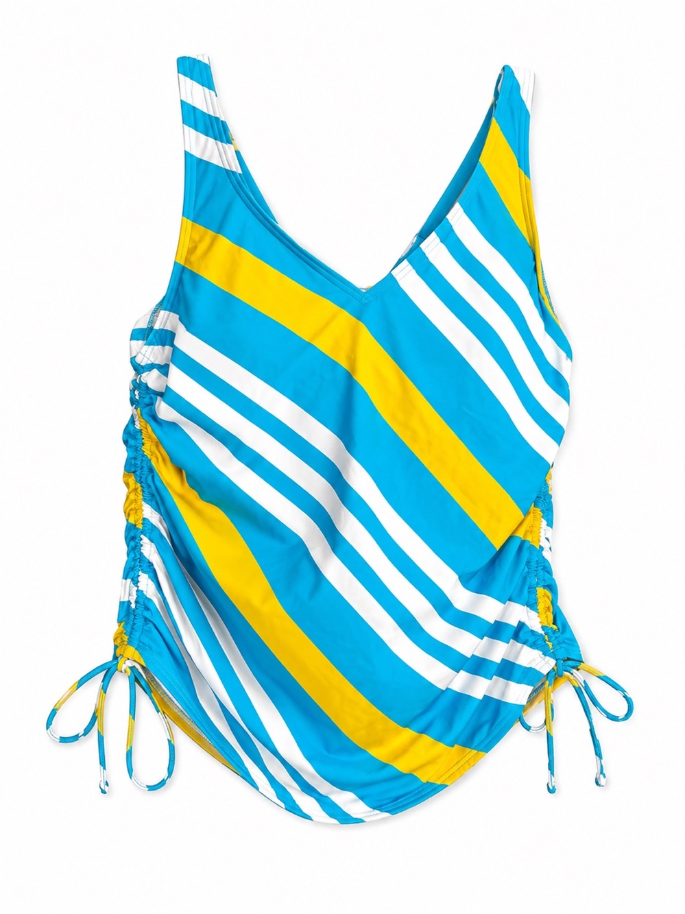 NWT Lands’ End tankini swim top - vibrant blue, white, and yellow striped print.